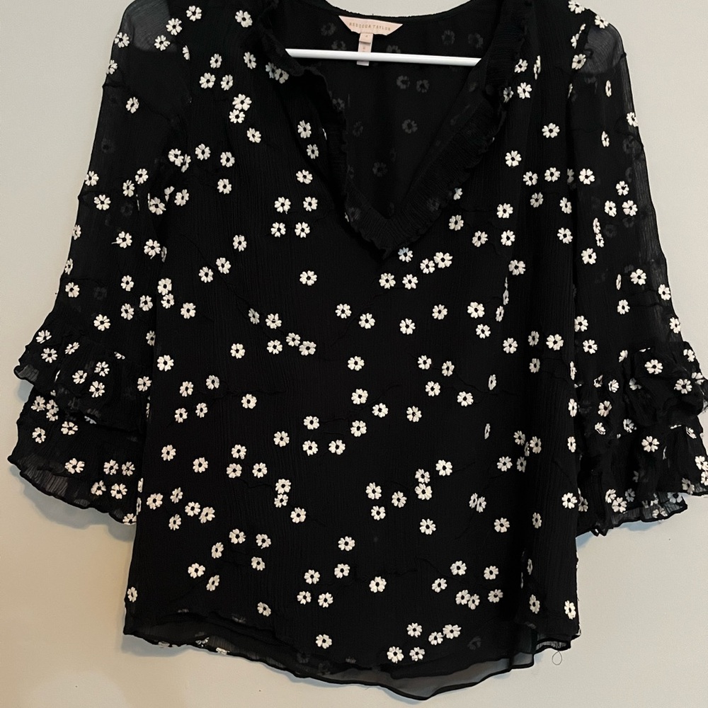 Rebecca Taylor black silk top with embroidered white flowers. Size 4